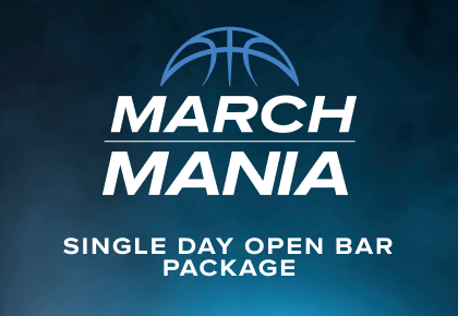 Text: March Mania Single Day Open Bar Package on a blue ombre background