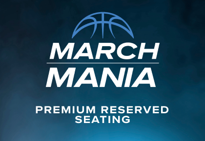 Text: March Mania Premium Seating on a blue ombre background