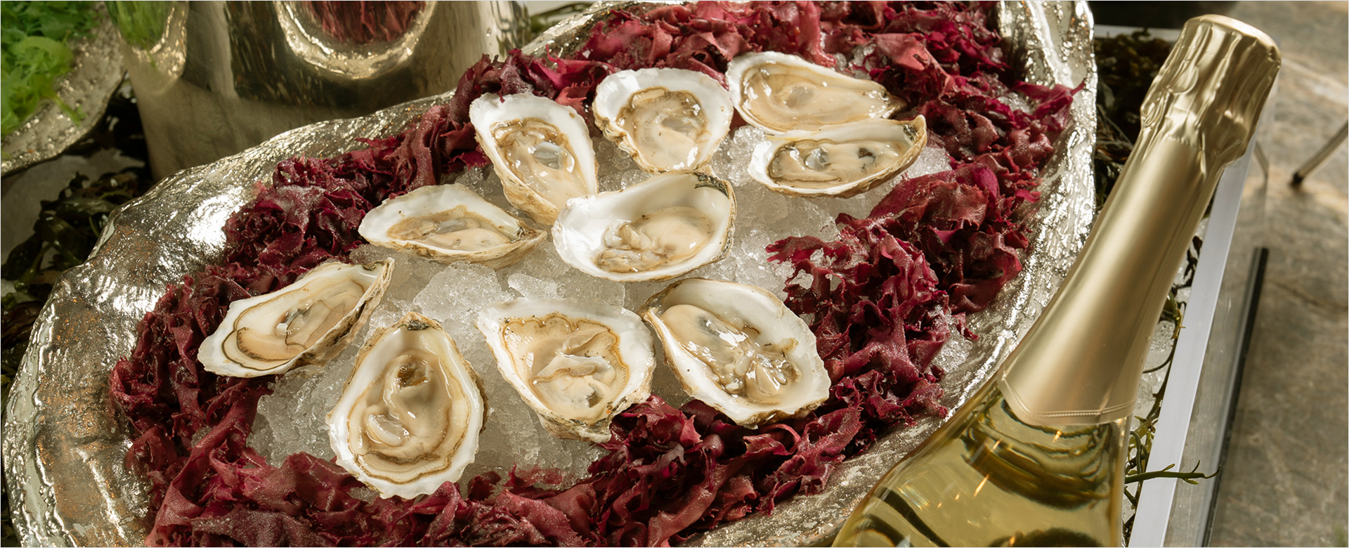 Oysters on ice with decor and champagne bottle