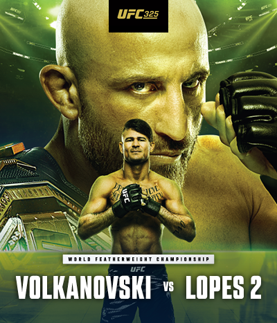 Two fighters under text: UFC 325 World Featherweight Championship Volkanovski vs Lopes 2