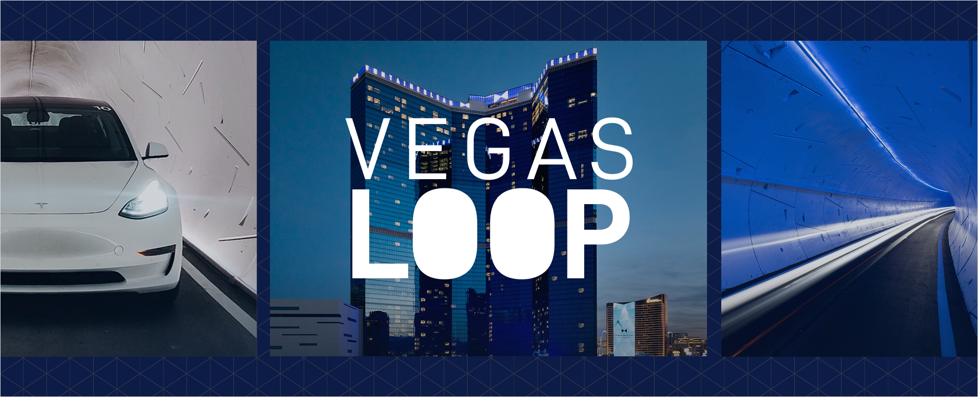 White Tesla in the Las Vegas Loop, exterior of Fontainebleau Las Vegas Hotel and Casino, and road of Vegas LOOP under text: Vegas LOOP