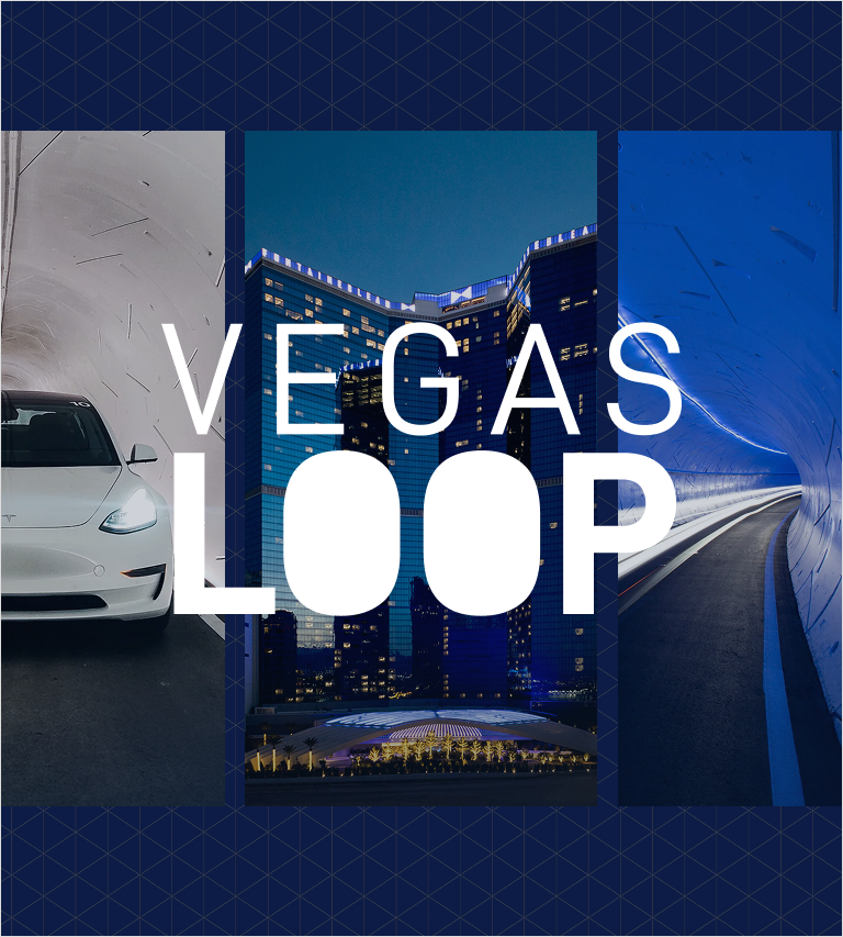 White Tesla in the Las Vegas Loop, exterior of Fontainebleau Las Vegas Hotel and Casino, and road of Vegas LOOP under text: Vegas LOOP