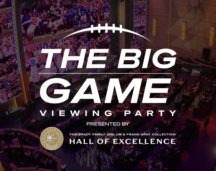 Crowded theater under text: The Big Game Viewing Party presented by Tom Brady family and Jim & Frann Gray Collection Hall of Excellence